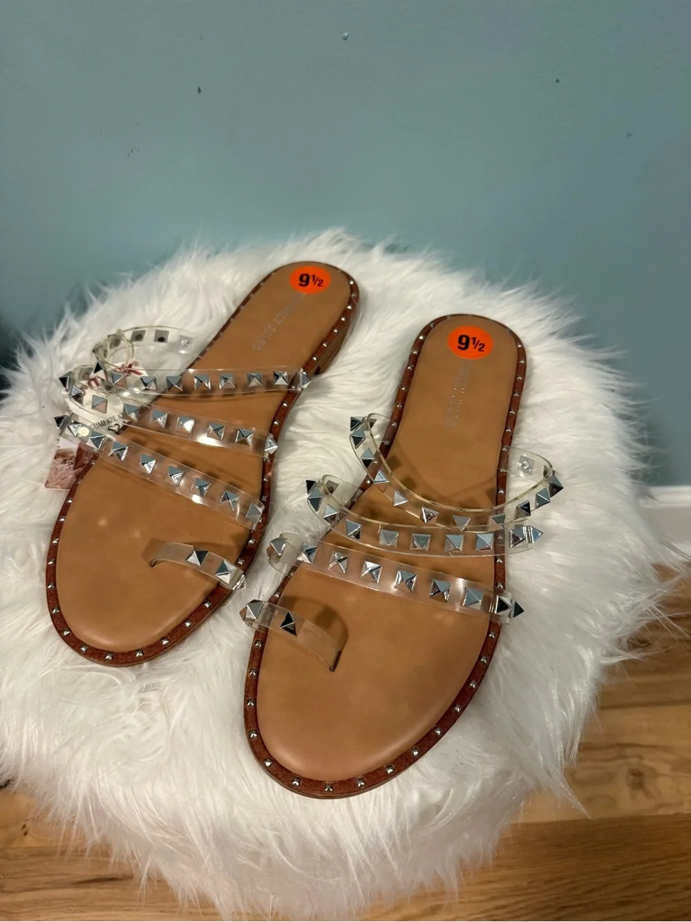 Sincerely Jules Tan Slide Sandals with Clear Studded Straps